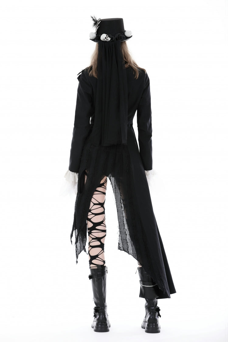 Black Peak Lapel Collar Long Sleeves Irregular Distressed Women's Gothic Punk Coat with Belt