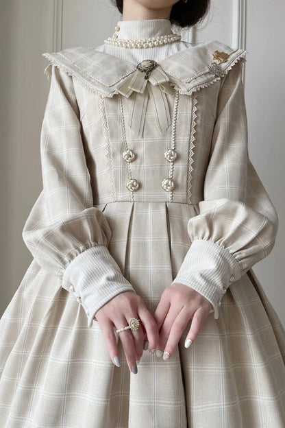 Apricot [Fontainebleau] Long Sleeves Plaid Print Bowknot Elegant Sweet Lolita Dress