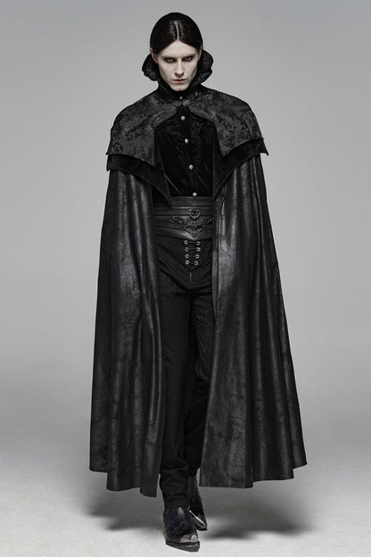 Black Jacquard Stand Collar Stitching Metal Retro Buckle Mens Gothic Cloak