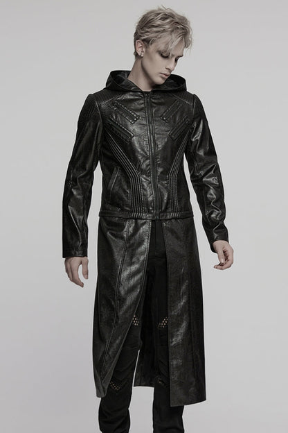 Black Long Sleeves Ruched Faux Leather Stitching Hooded Detachable Men's Punk Coat