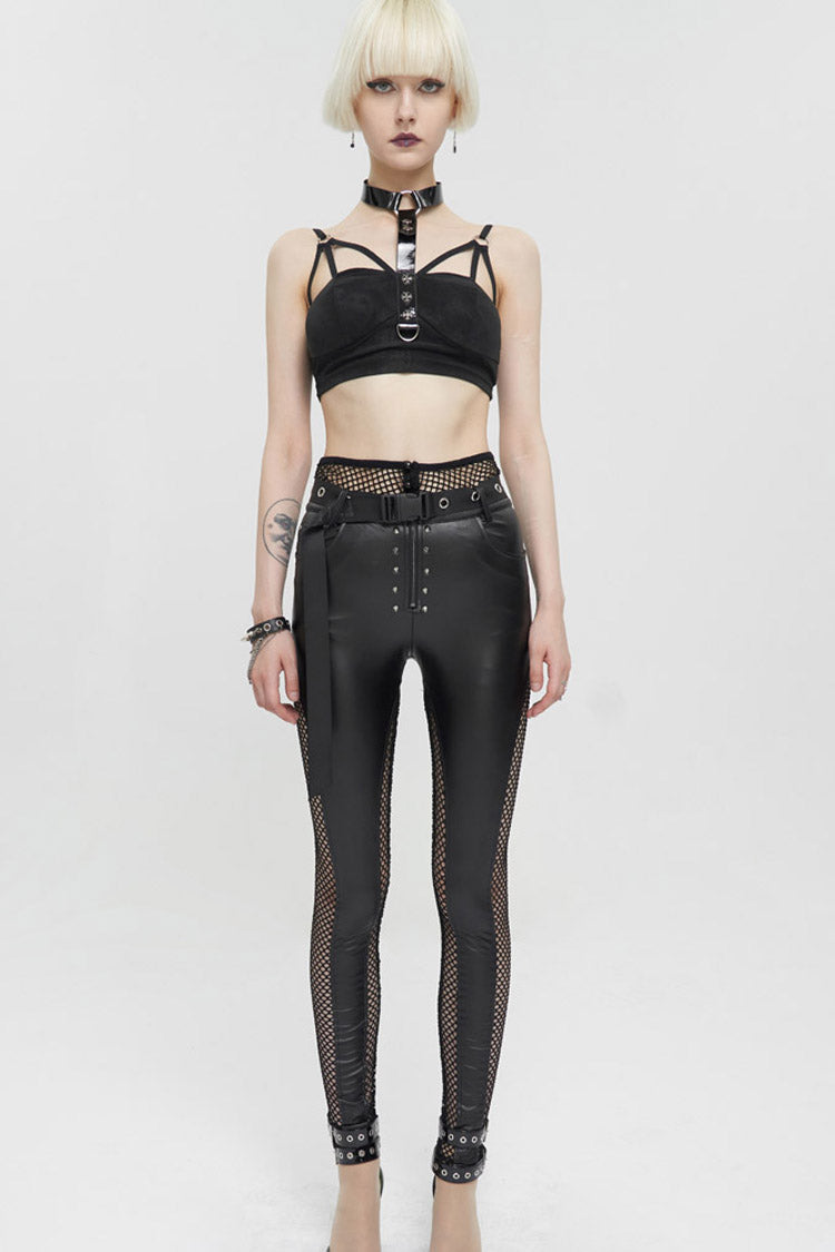 Black Fake Two-Piece Faux Leather Stitching Mesh Networking Women's Punk Pants