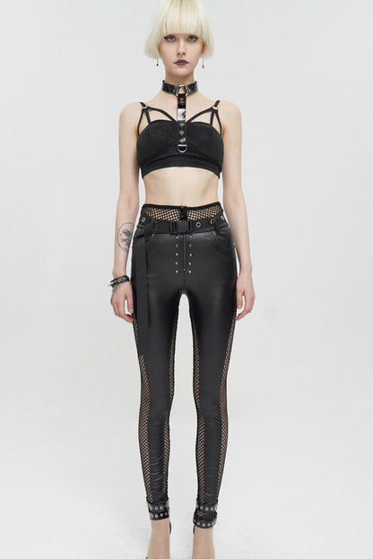 Black Fake Two-Piece Faux Leather Stitching Mesh Networking Women's Punk Pants