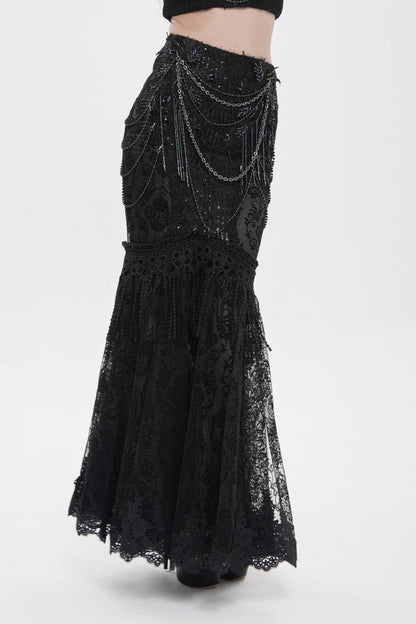 Black Double-Layered Embroidered Lace Slim Pearl-Decorated Women's Gothic Skirt