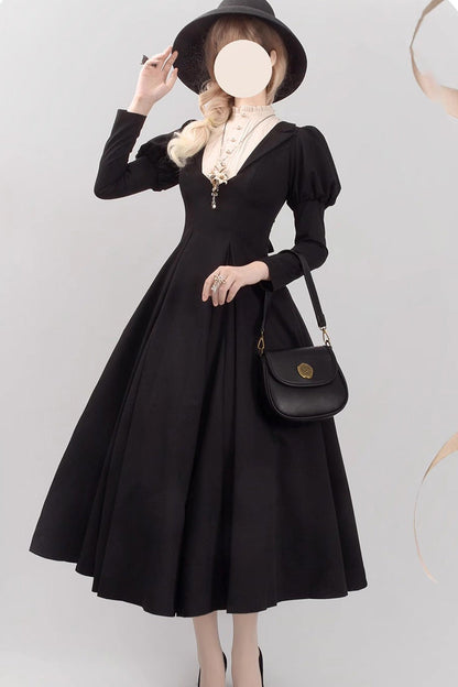 Black Nun Long Puff Sleeves High Waisted Gothic Plus Size Lolita Dress
