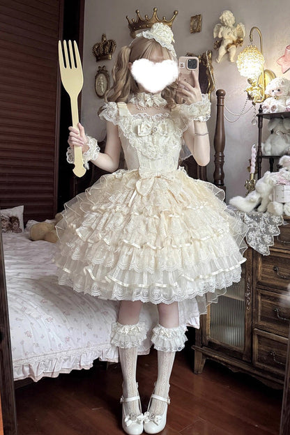 Apricot [Ballad of Feathers] Sleeveless Multi-Layered Ruffle Hanayome Bowknot Sweet Lolita Jsk Dress