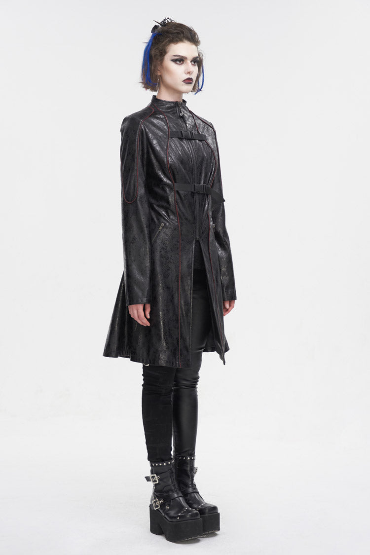 Black Double Buckle Faux Leather Long Women's Punk Coat
