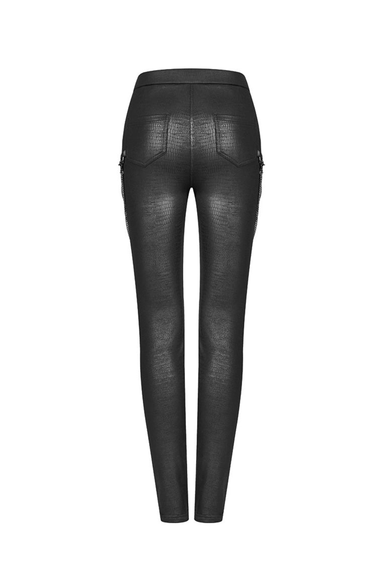 Black Crack Velvet Splice Knit PU Leather Metal Buckle Connect Chain Women's Punk Leggings
