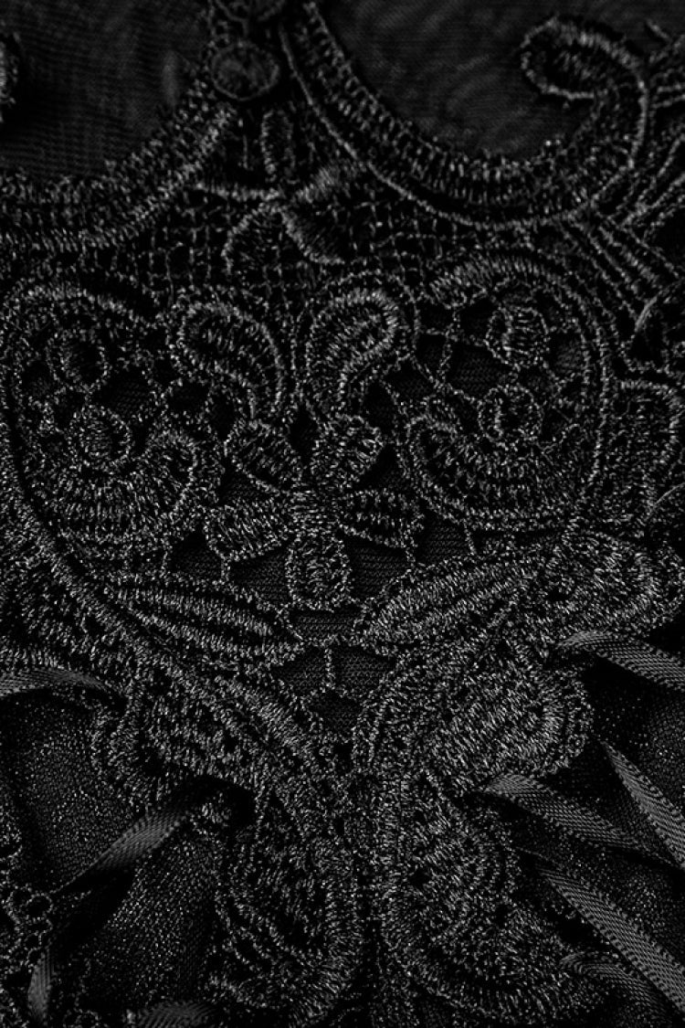 Black High Collar Sleeveless Stitching Lace Lace-Up Mesh Women's Gothic T-Shirt