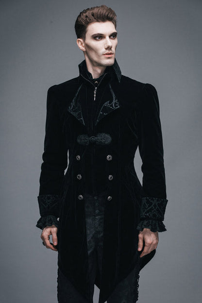 Black Embroidered Collar Long Sleeves Mens Velveteen Tuxedo Gothic Coat