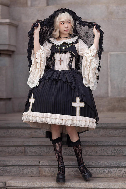 Black Eternal Life Song Print Cross Embroidery Sleeveless Ruffle Gothic Lolita Dress