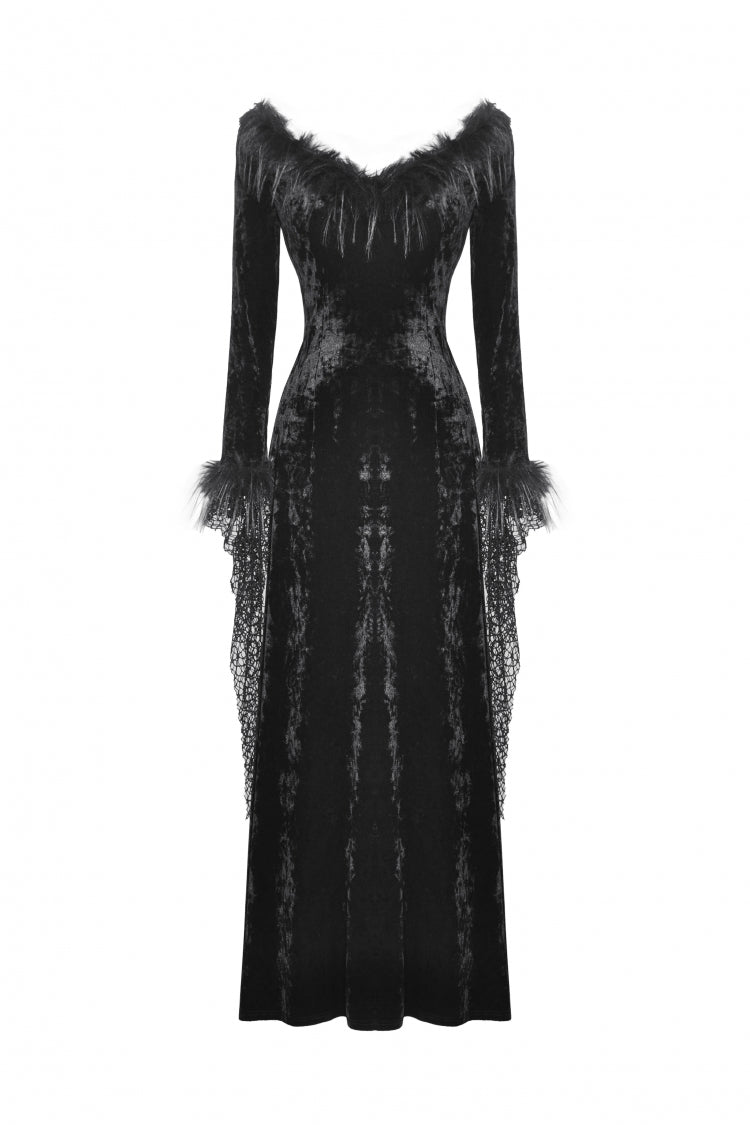 Black Long Sleeves Velvet Lace Women's Gothic Maxi Dress Wedding Dress