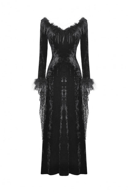 Black Long Sleeves Velvet Lace Women's Gothic Maxi Dress Wedding Dress