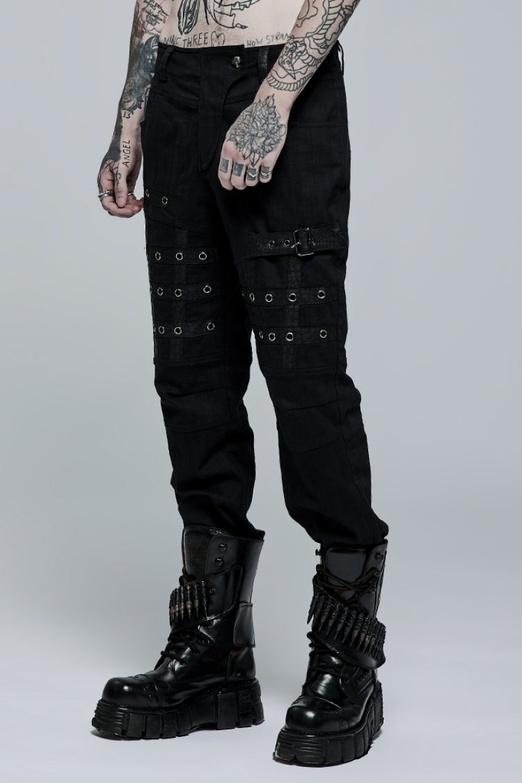 Black Faux Leather Stitching Metal Buttonhole Men's Steampunk Pants