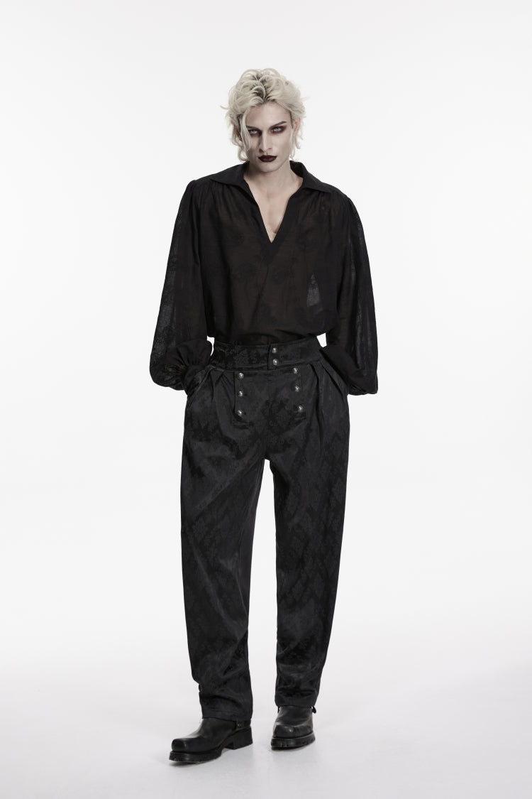 Black Lapel Collar Long Lantern Sleeves Printed Embroidered Men's Gothic Shirt