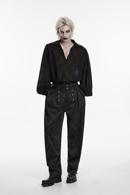 Black Lapel Collar Long Lantern Sleeves Printed Embroidered Men's Gothic Shirt