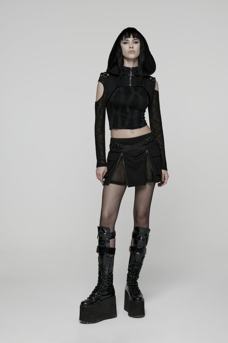 Black Lace-Up Zippered Women's Punk Cool  Big Pockets Techwear Skirt