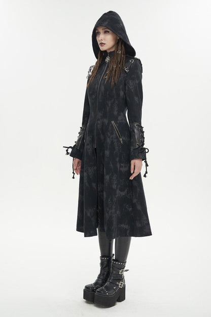 Black Faux Leather Splice With Hood Irregular Pattern Print Long Women's Punk Coat