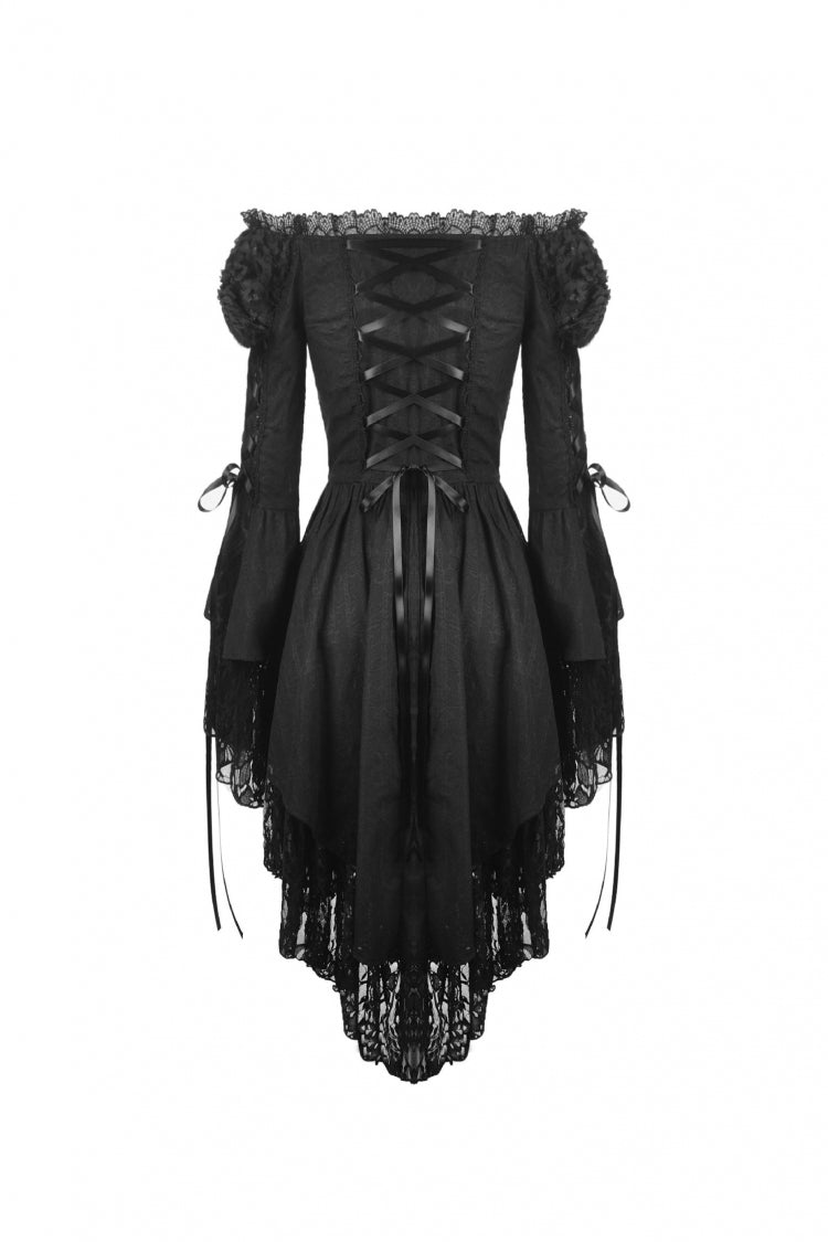 Black Off Shoulder Long Trumpet Puff Sleeves Lace-Up Strappy Mesh Women's Gothic Cocktail Dress