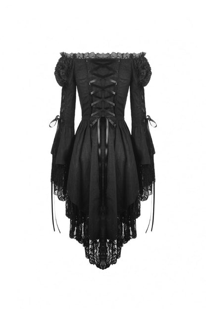 Black Off Shoulder Long Trumpet Puff Sleeves Lace-Up Strappy Mesh Women's Gothic Cocktail Dress