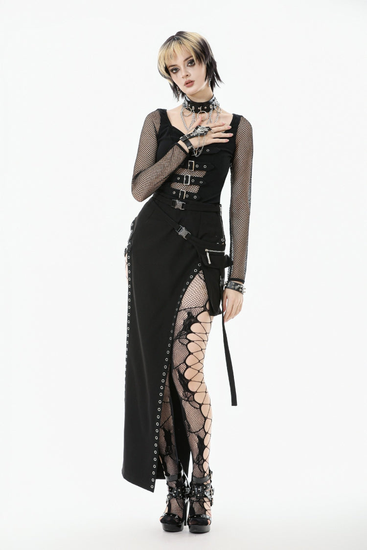 Black Mesh Spliced Long Sleeves Buckled Strap Eyelet Women's Punk Top