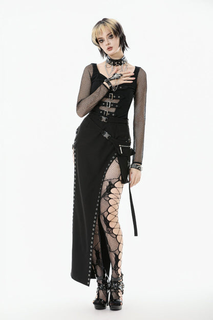 Black Mesh Spliced Long Sleeves Buckled Strap Eyelet Women's Punk Top