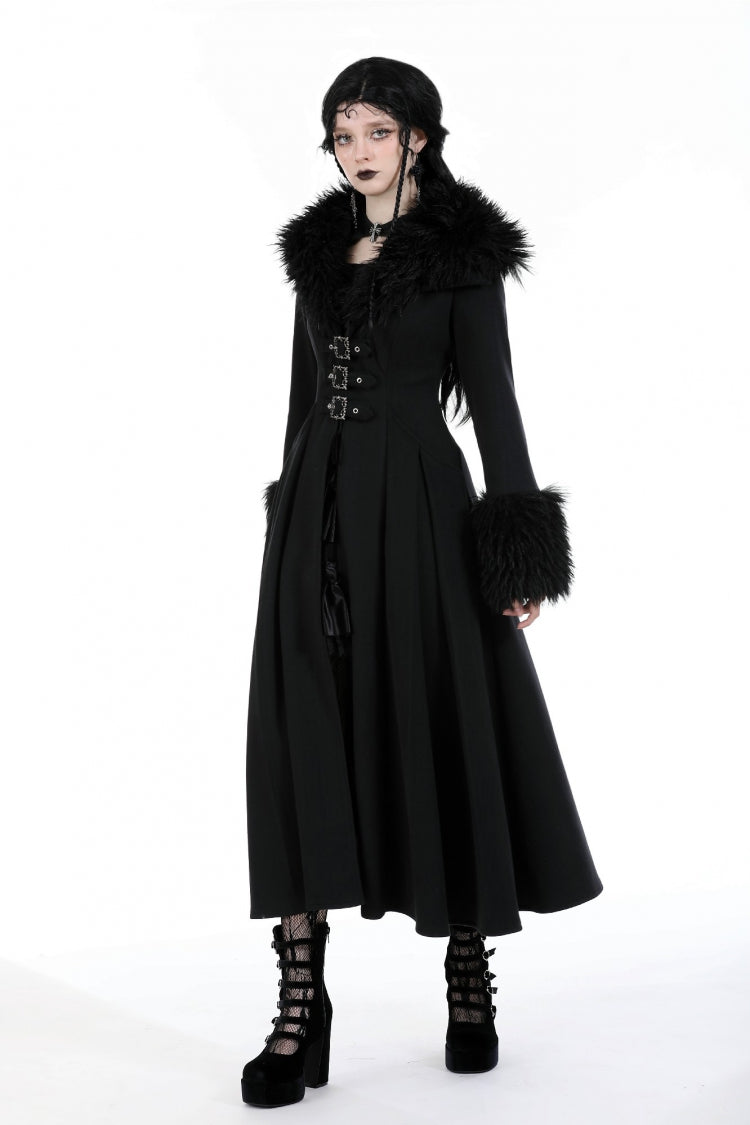 Black Long Sleeves Lace-Up Buckled Women's Gothic Draped Coat with Faux Fur Collar