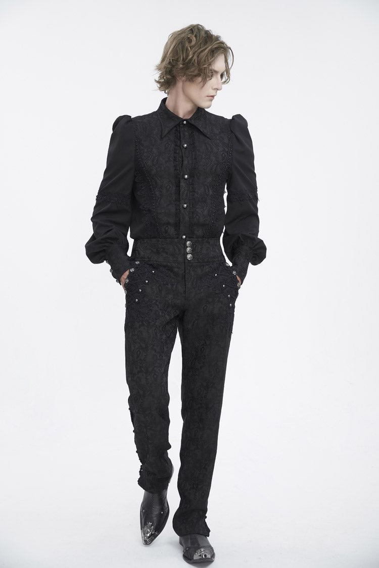 Black Lapel Collar Lantern Sleeves Jacquard Embroidery Men's Gothic Blouse