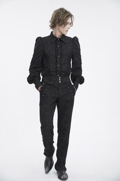 Black Lapel Collar Lantern Sleeves Jacquard Embroidery Men's Gothic Blouse