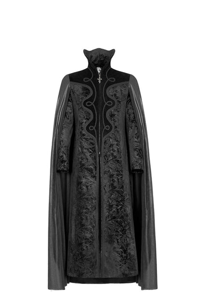 Black Long Sleeve Stand Up Collar Front Metal Decoration Paisley Pattern Embossed Velvet Men's Gothic Coat With Cloak