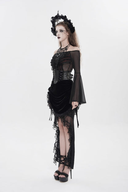 Black Embroidered Rose Lace-up Irregular Women's Gothic Hem Skirt