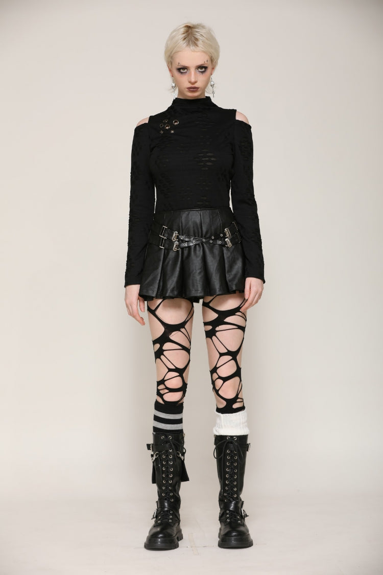 Black Long Sleeves Cut-Out Ripped Zippered Eyelets Women's Punk Distressed Top