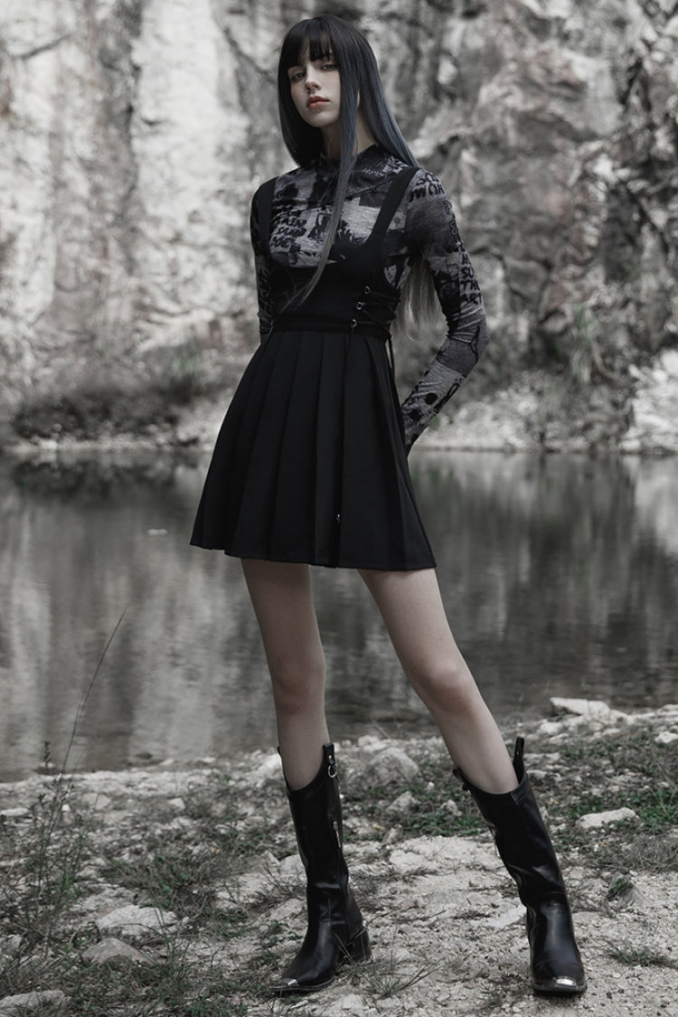 Black High Waisted Women's Pleated Gothic Slip Dress