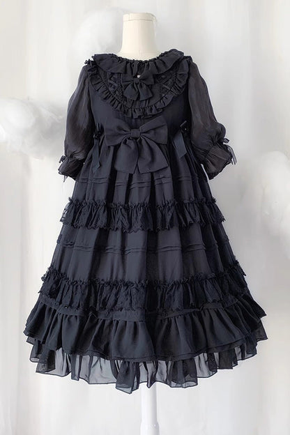Black Lace Cool Angel Short Sleeves Bowknot Ruffle Gothic Lolita Dress