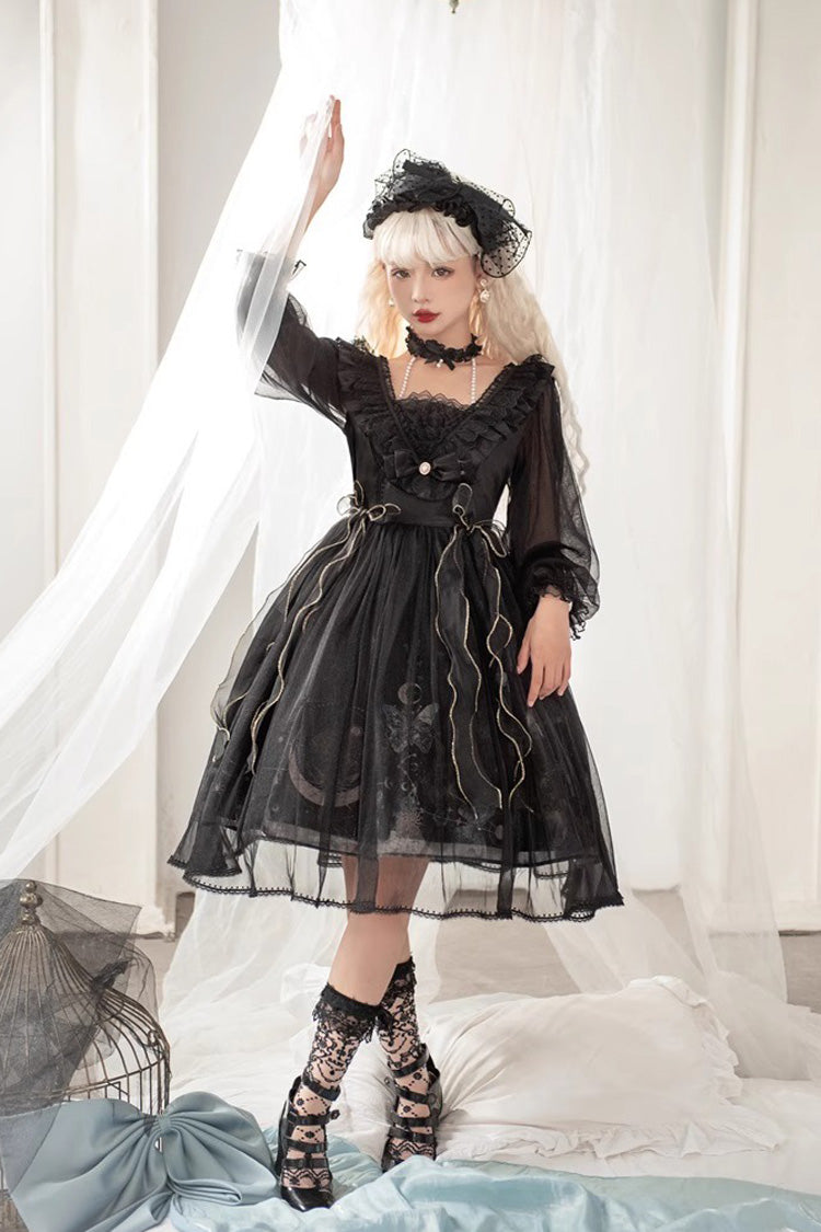 Black High Waisted Planet Butterfly Print Ruffle Lace Gothic Lolita Dress