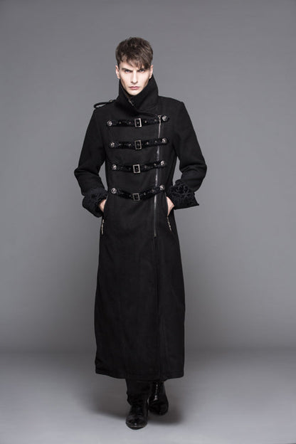 Black Detachable One Sided Shawl Double Sided Woollen Thick Mens Punk Long Coat