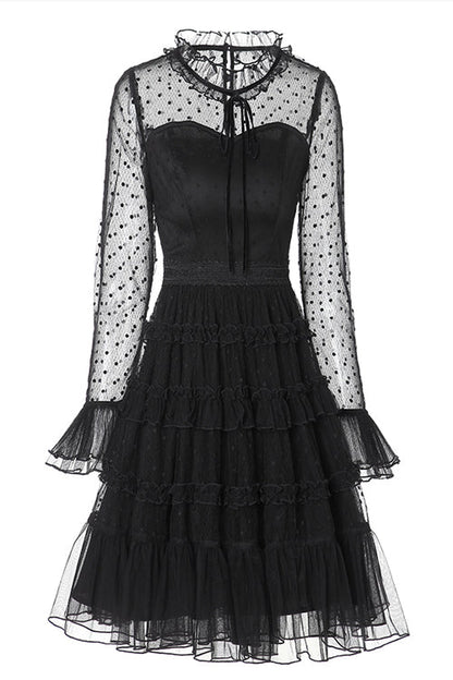 Black Lace Round Collar Polka Dot Mesh Trumpet Sleeves Layered Ruffled Sweet Lolita OP Dress