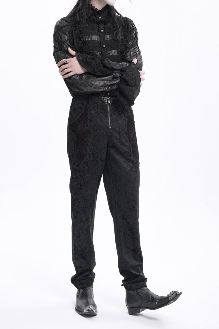 Black Floral Branded Print Embroidery Zipper Men's Gothic Pants