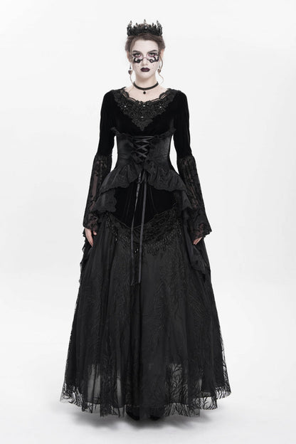 Black Long Sleeves Lace-Up Beaded Pleated Women's Gothic Blouse
