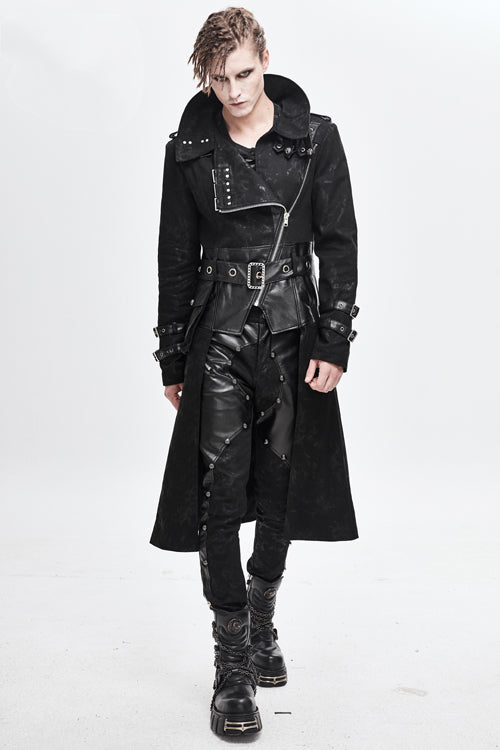 Black Open Collar Printed Belted Long Mens Punk Coat