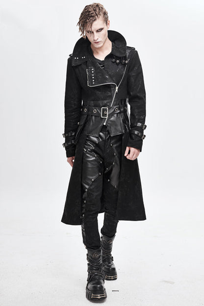 Black Open Collar Printed Belted Long Mens Punk Coat