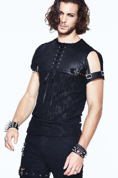 Black Leather Loop Sleeve Irregular Jacquard Knitted Chest Lace Up Removable Men's Punk Shirt