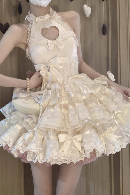 Apricot Heartbeat Multi-Layered Ruffle Heart Shape Hollow Bowknot Sweet Ballet Lolita Dress