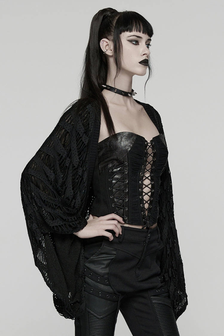 Black Long Batwing Sleeves Ripped Women's Punk Cardigan