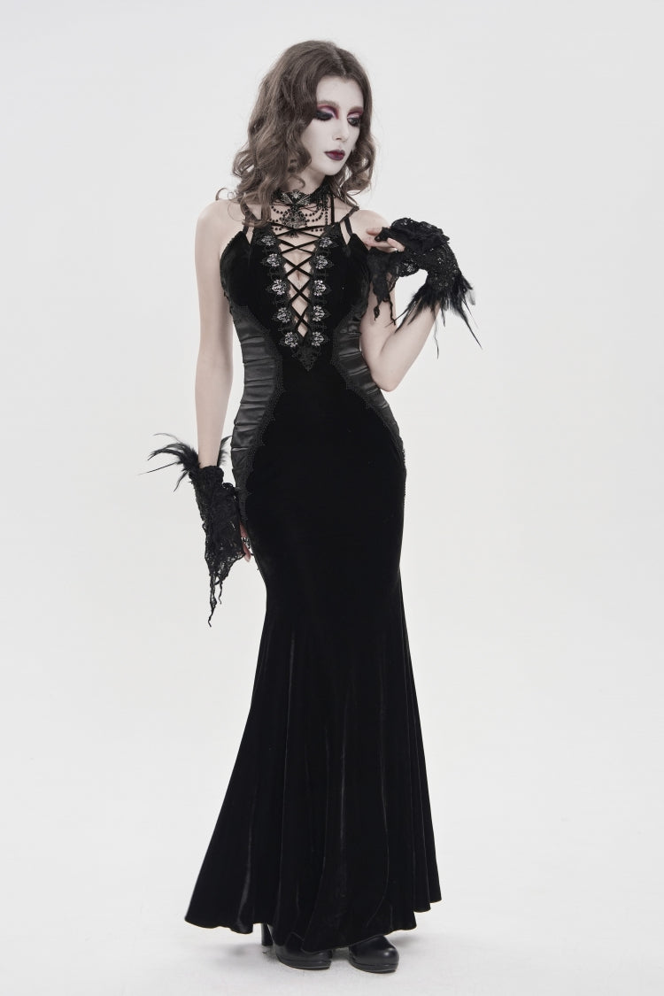Black Off Shoulder Sleeveless Hanayome Spliced Lace-Up Slim Pleated Women's Gothic Jsk Dress