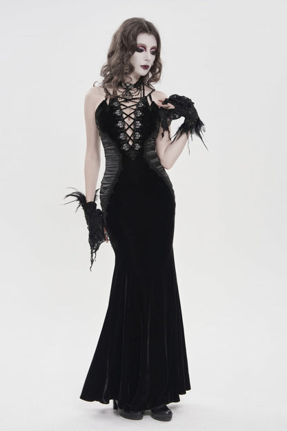 Black Off Shoulder Sleeveless Hanayome Spliced Lace-Up Slim Pleated Women's Gothic Jsk Dress