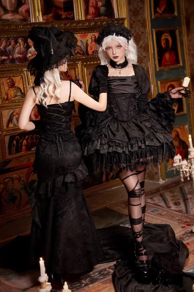 Black  [Letters & Poems · Twilight] Multi-Layered Jacquard Ruffled Witch Gothic Lolita Skirt 2 Versions