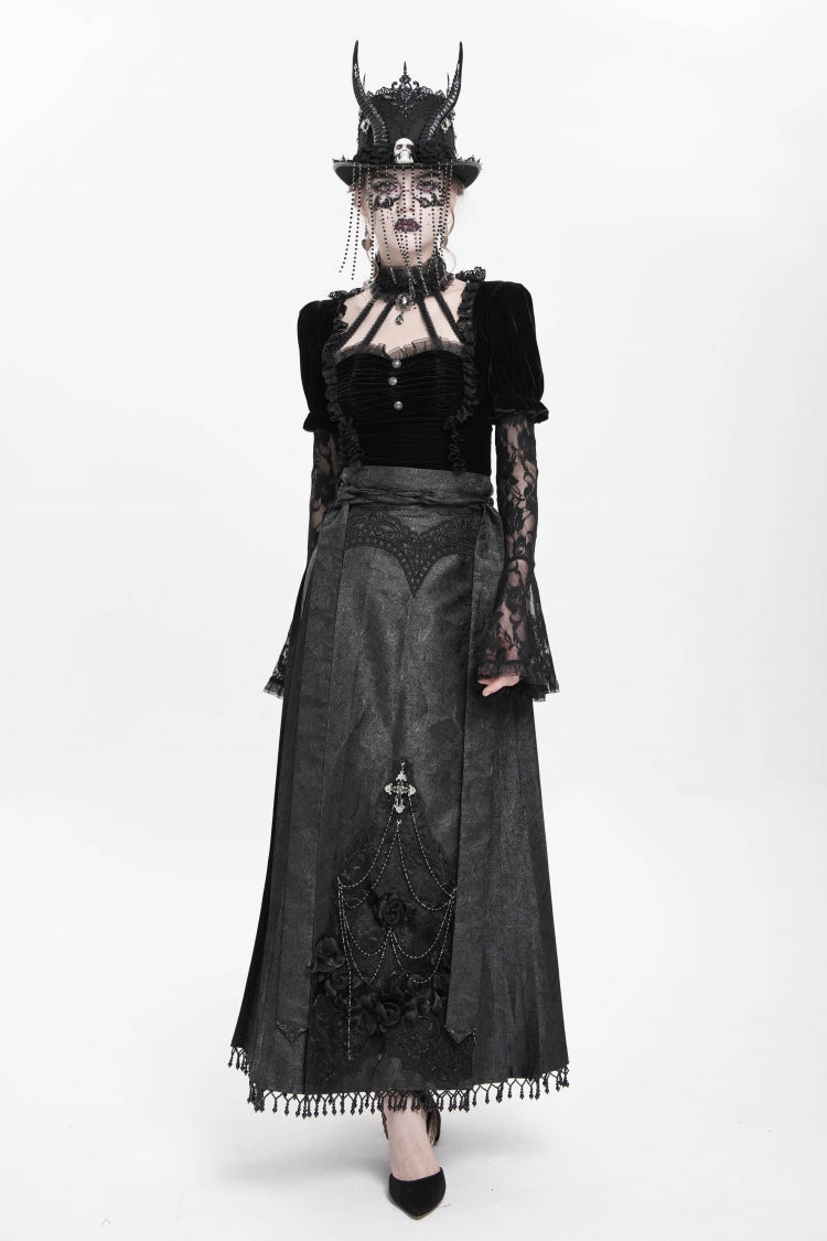 Black Floral Cross Embroidery Chain Women's Gothic Horse-face Long Skirt