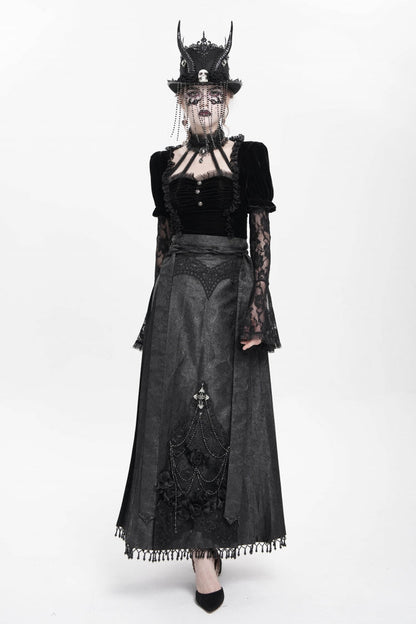 Black Floral Cross Embroidery Chain Women's Gothic Horse-face Long Skirt