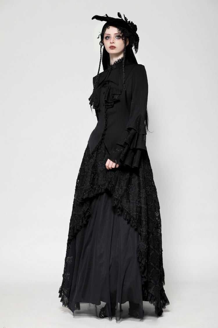 Black Lace Stand Collar Multi-Layered Ruffled Long Flared Sleeves Women's Gothic Blouse