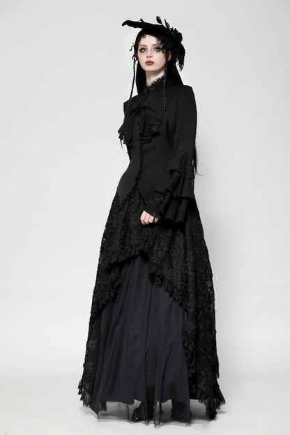 Black Lace Stand Collar Multi-Layered Ruffled Long Flared Sleeves Women's Gothic Blouse
